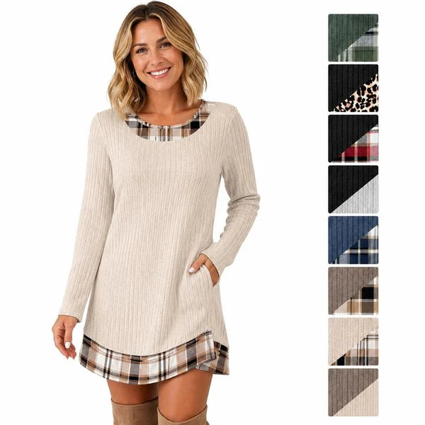 Women's Elegant Ribbed Knit Plaid Trim Dress