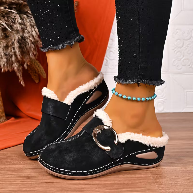 Women's Plush Trim Wedge Mules