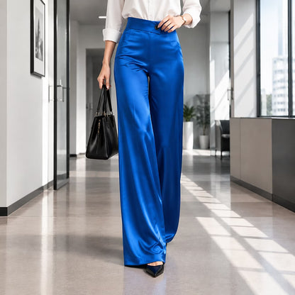 Women's Asymmetric Waist Satin-Look Wide-Leg Trousers