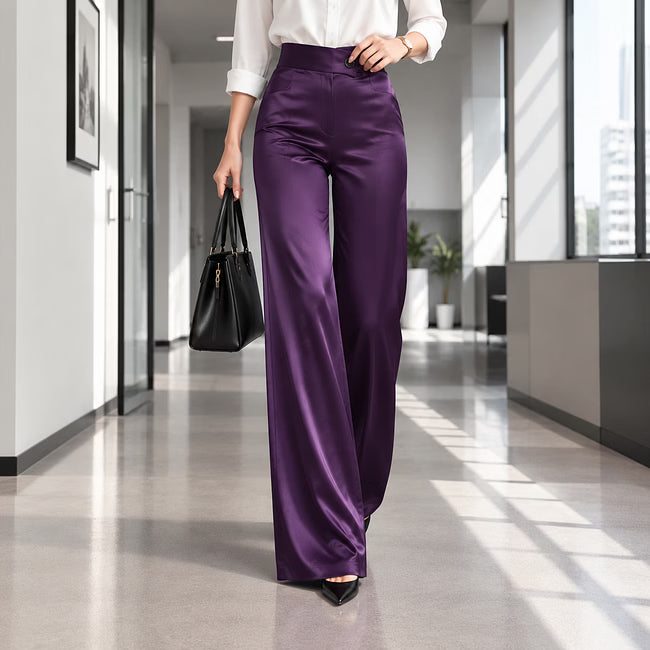 Women's Asymmetric Waist Satin-Look Wide-Leg Trousers