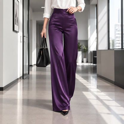 Women's Asymmetric Waist Satin-Look Wide-Leg Trousers