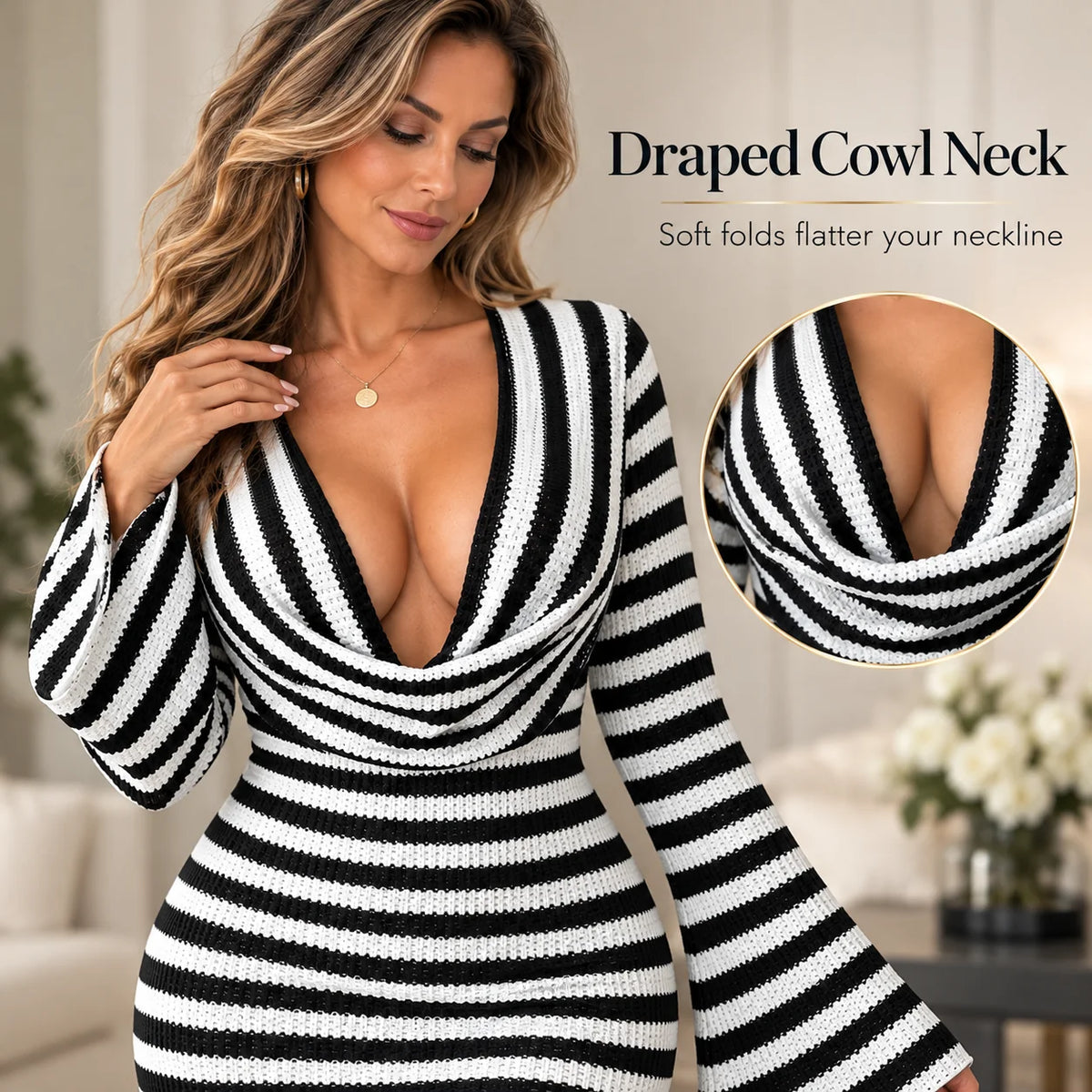 Women's Striped Cowl Neck Bell Sleeve Mini Dress
