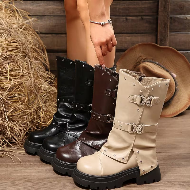Women's Studded Buckle Mid-Calf Boots