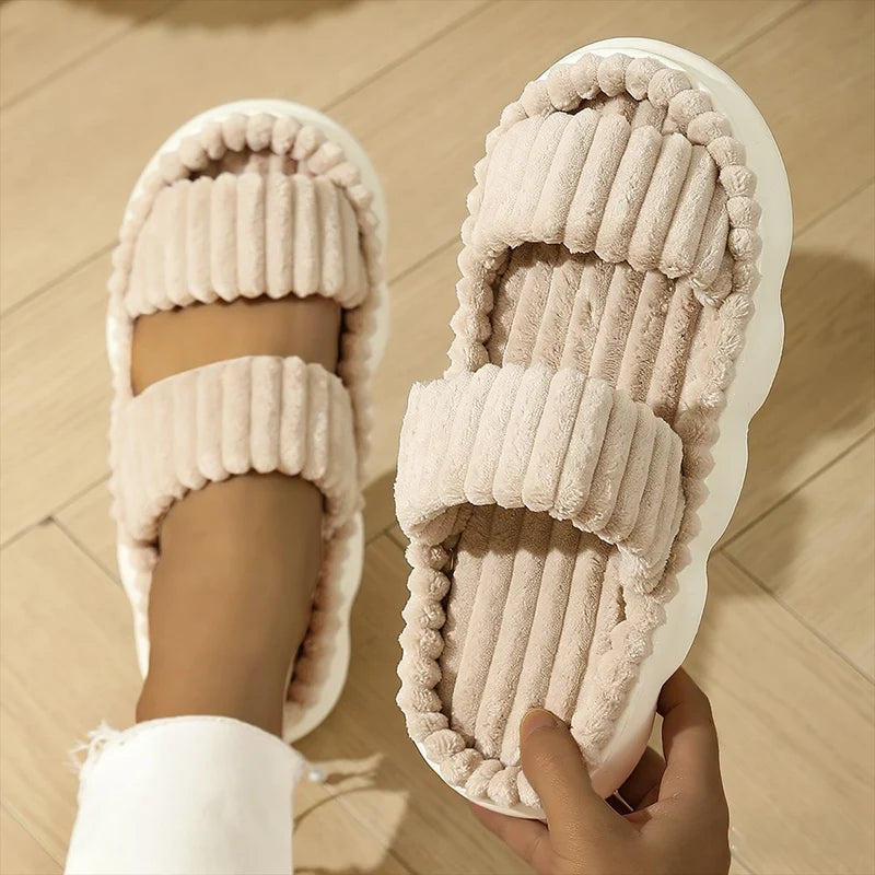 Women's Striped Plush Platform Slippers