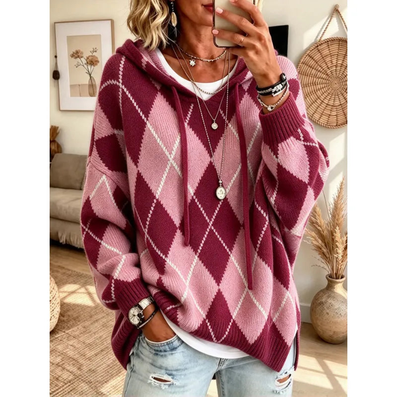 Women's Argyle Knit Hooded Jumper
