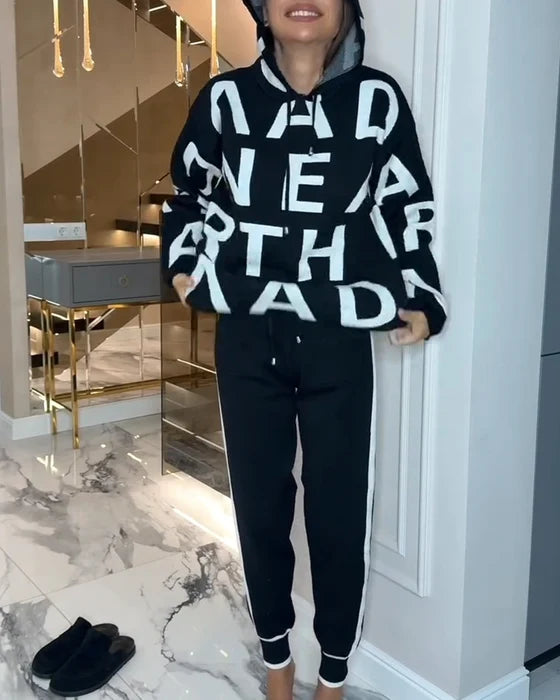 Women's Letter Print Hoodie & Trouser Set