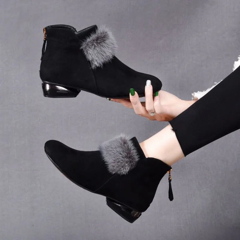 Women's Faux Fur Trim Low Heel Ankle Boots