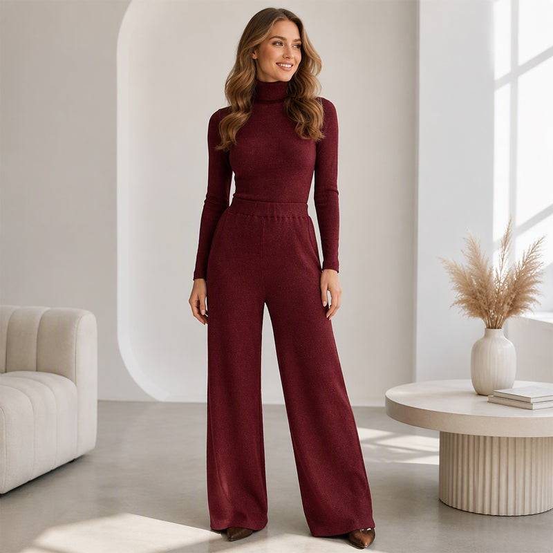 Women's Roll Neck Top & Wide-Leg Trouser Set
