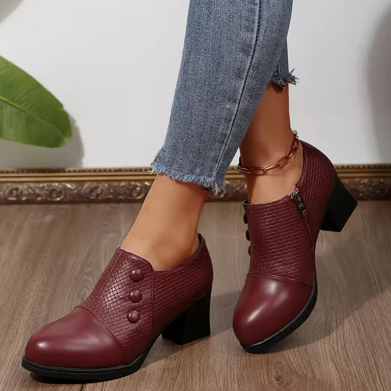 Women's Textured Button Chunky Heel Shoes