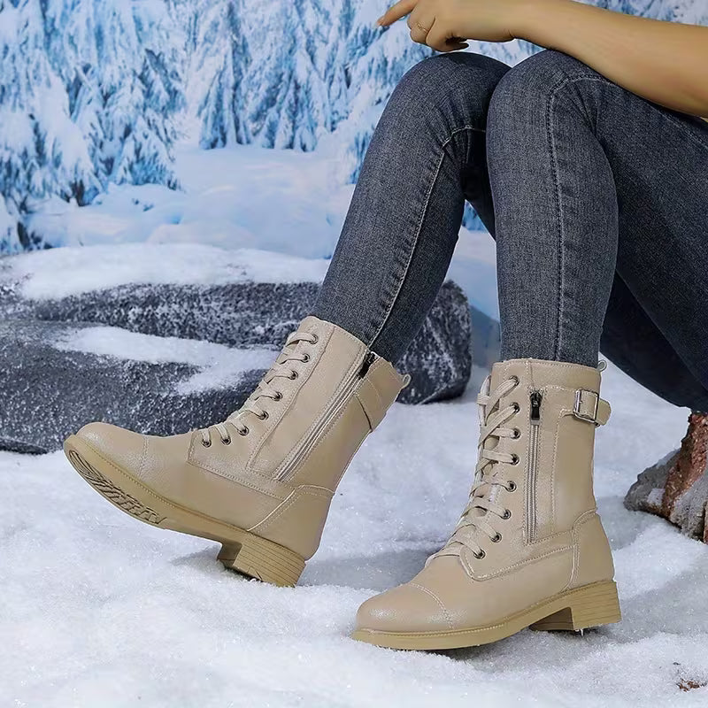 Women's Buckle Detail Lace-Up Mid-Calf Boots