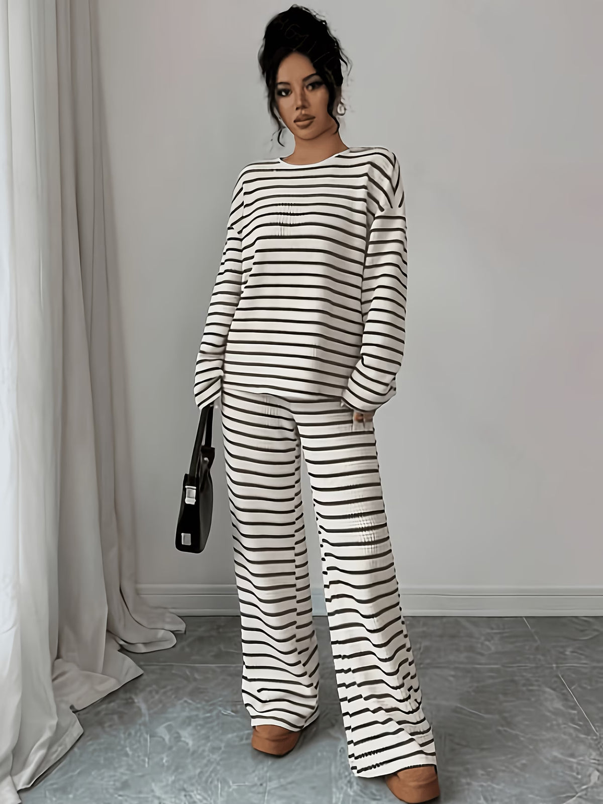 Women's Relaxed Striped Knit Top & Wide-Leg Trouser Set