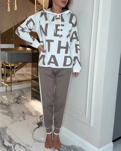 Women's Letter Print Hoodie & Trouser Set