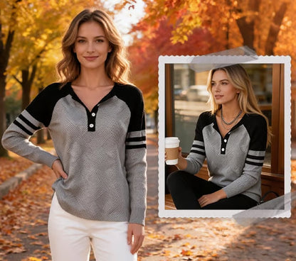 Women's Raglan Sleeve Button Neck Knit Jumper