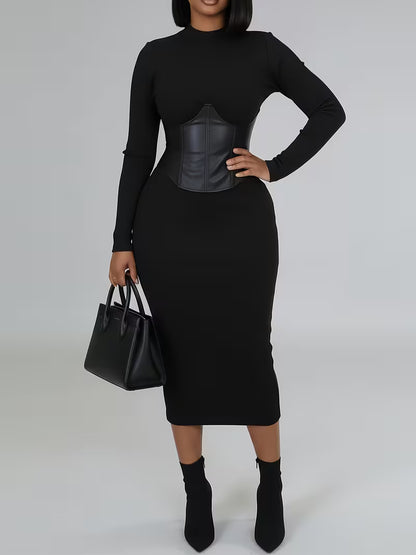 Women's Ribbed Corset-Detail Midi Dress