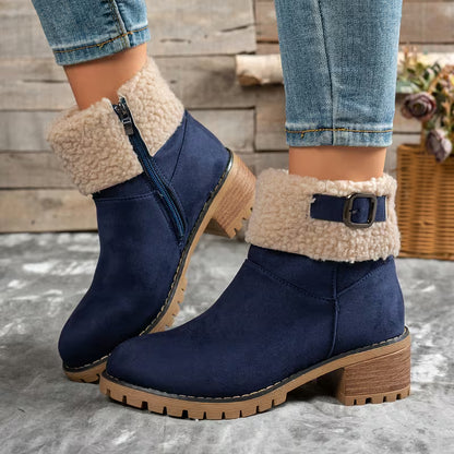 Women's Plush Cuff Block Heel Ankle Boots
