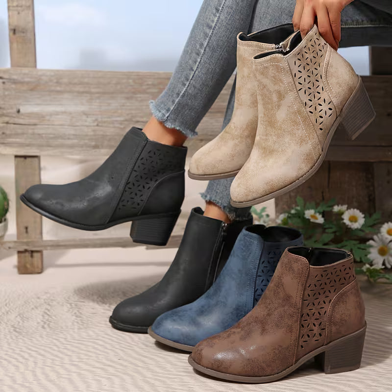 Women's Cut-Out Chunky Heel Ankle Boots