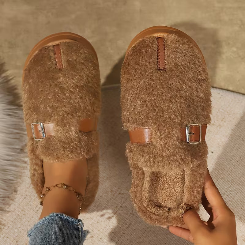 Women's Buckle Strap Plush Slippers