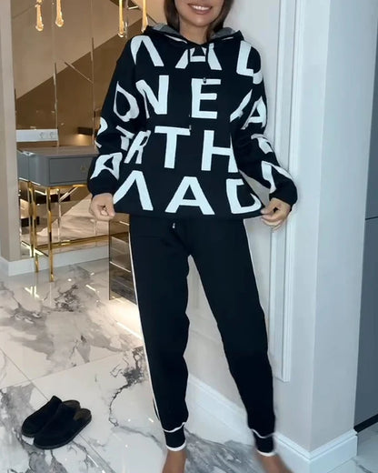 Women's Letter Print Hoodie & Trouser Set