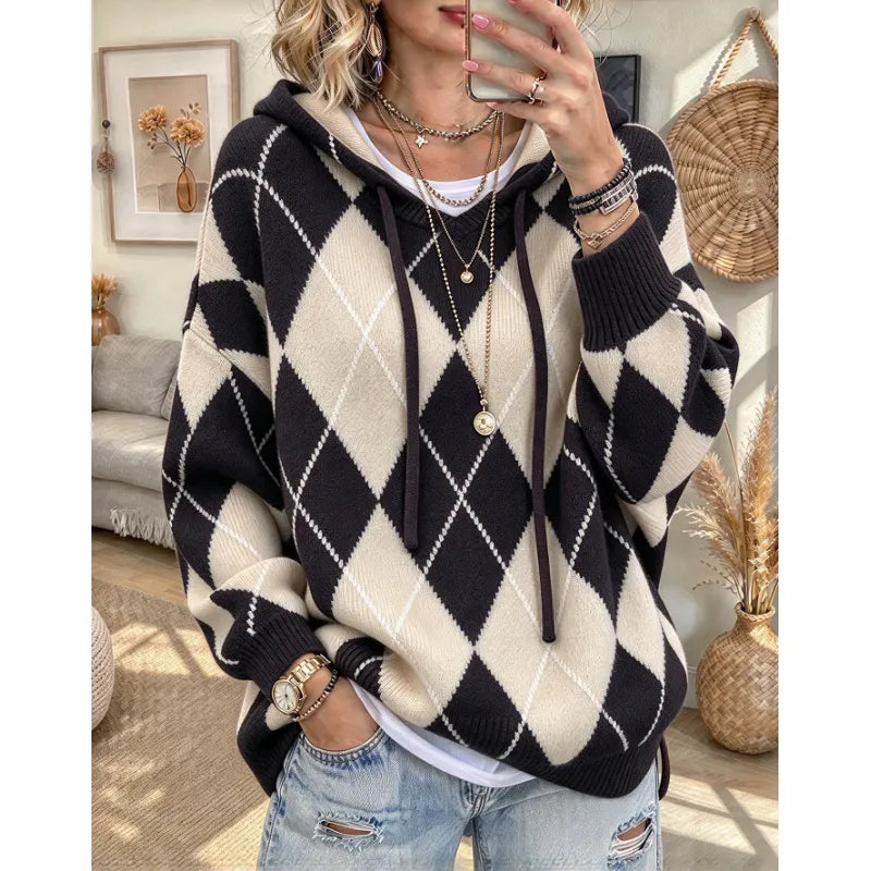 Women's Argyle Knit Hooded Jumper