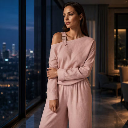 Women's Off-Shoulder Top & Wide Leg Trouser Set