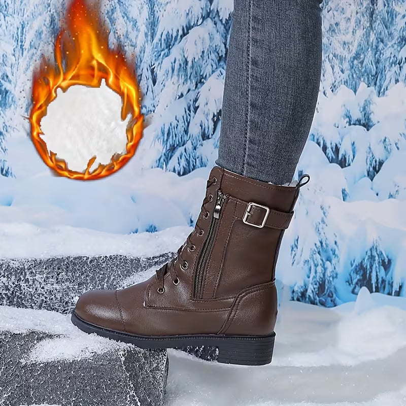 Women's Buckle Detail Lace-Up Mid-Calf Boots