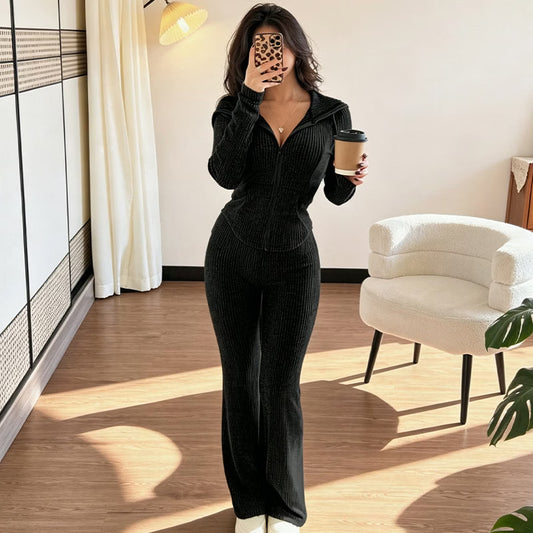 Women's Ribbed Zip-Up Top & Flared Trousers Set