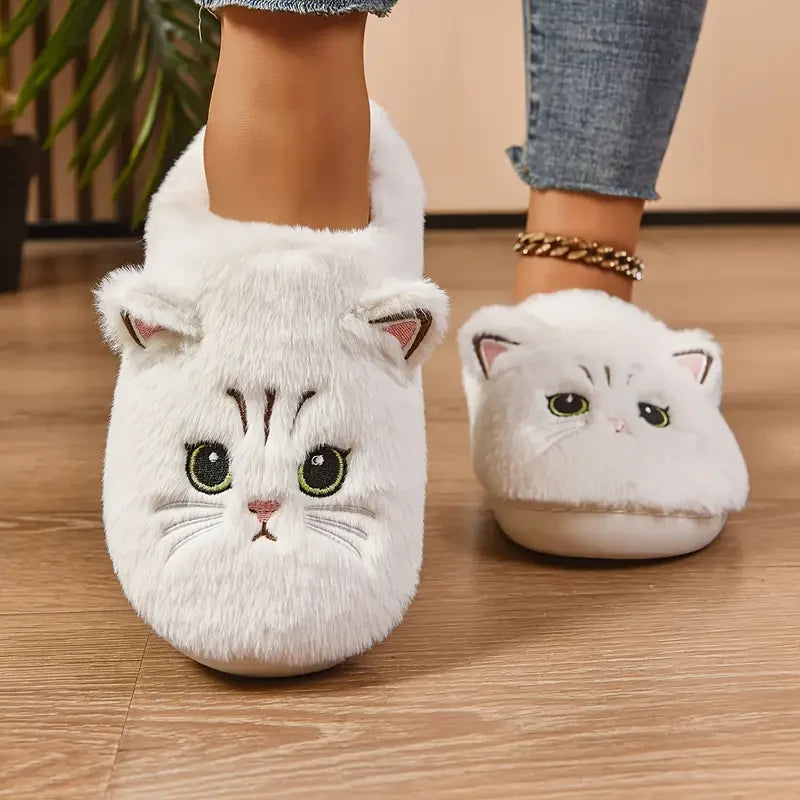 Women’s Cat Face Plush Fleece-Lined House Slippers
