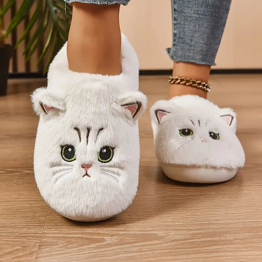 Women’s Cat Face Plush Fleece-Lined House Slippers
