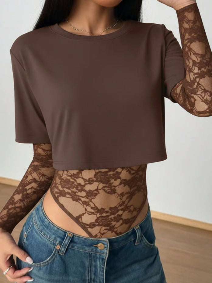 Women's Lace Panel Crop Bodysuit