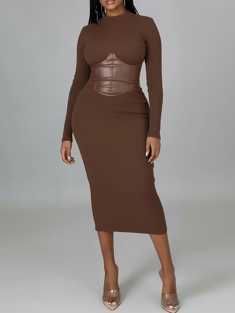 Women's Ribbed Corset-Detail Midi Dress