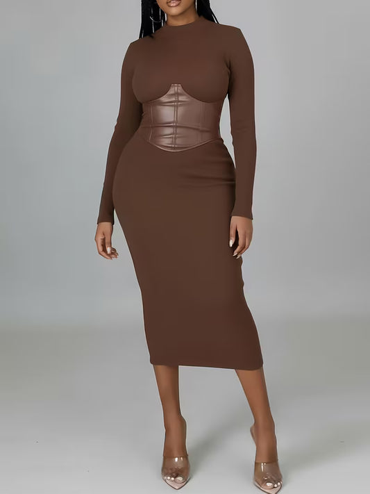 Women's Ribbed Corset-Detail Midi Dress