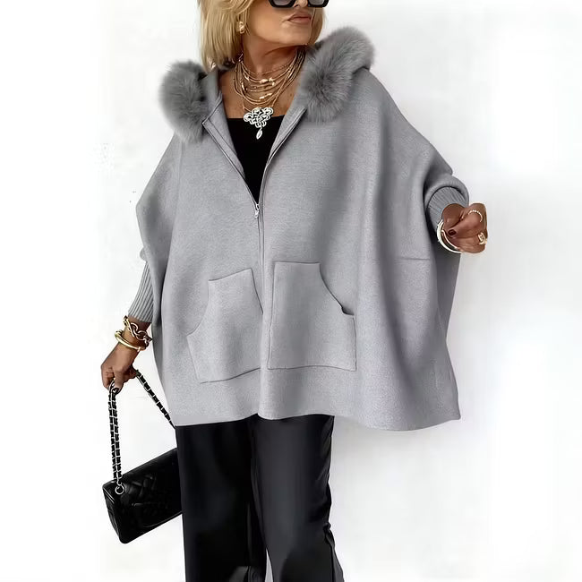 Women's Faux Fur Trim Hooded Knit Jacket