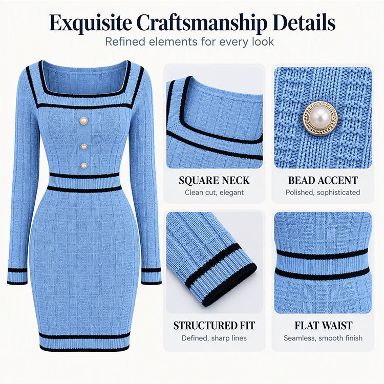 Women's Square Neck Ribbed Knit Mini Dress