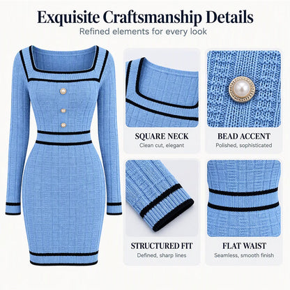 Women's Square Neck Ribbed Knit Mini Dress