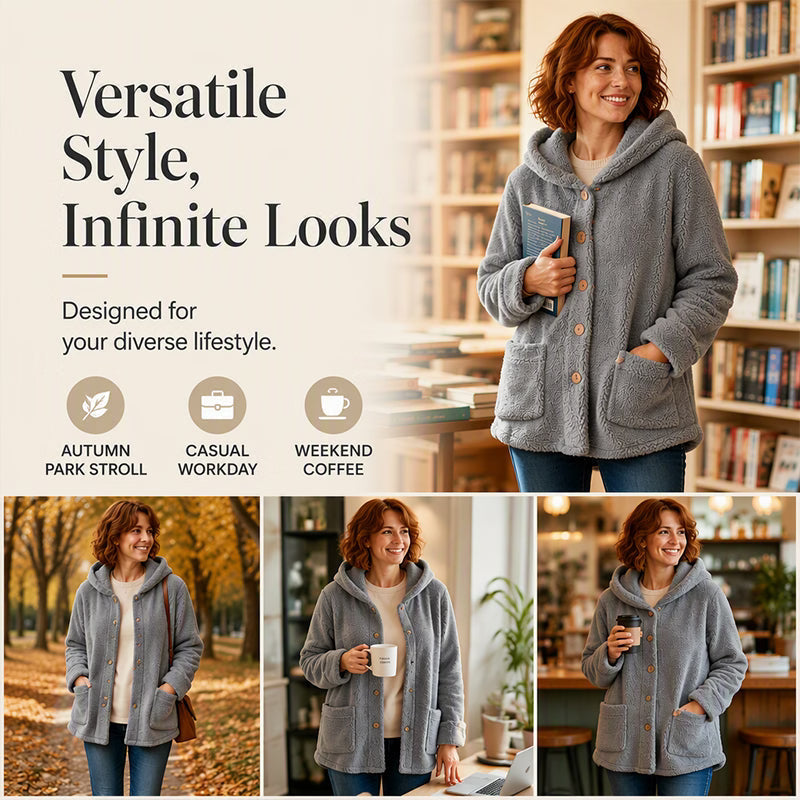 Women's Cosy Hooded Button-Up Fleece Coat