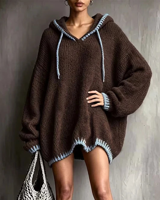 Women's Cosy Contrast Trim Hooded Jumper Dress