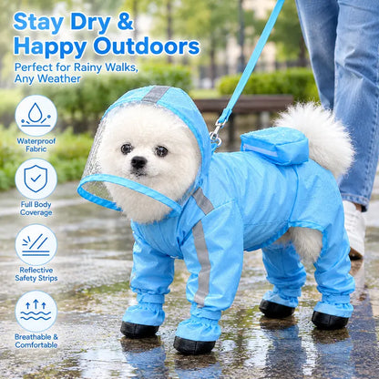 Full-Coverage Waterproof Dog Raincoat with Hood & Boots