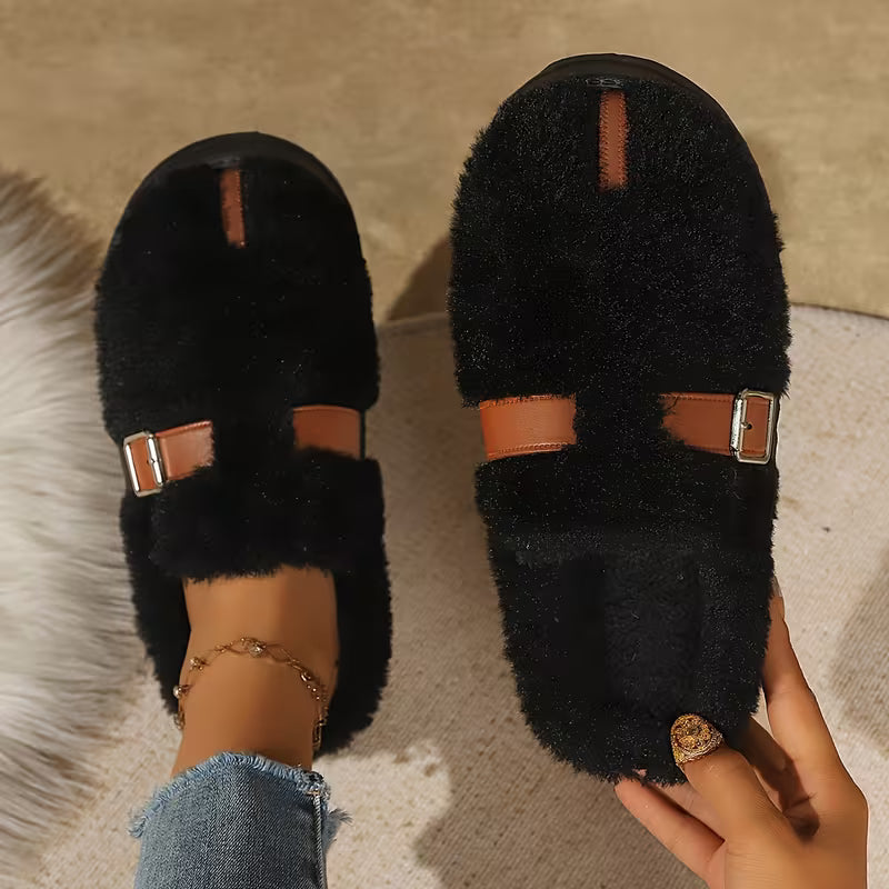 Women's Buckle Strap Plush Slippers