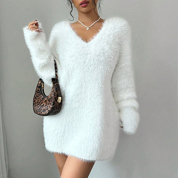 Women's Fluffy V-Neck Mini Jumper Dress