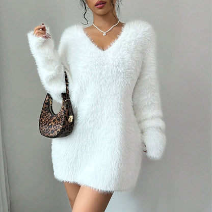 Women's Fluffy V-Neck Mini Jumper Dress
