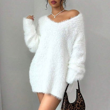 Women's Fluffy V-Neck Mini Jumper Dress