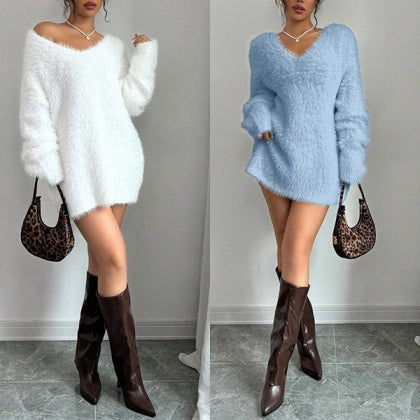 Women's Fluffy V-Neck Mini Jumper Dress