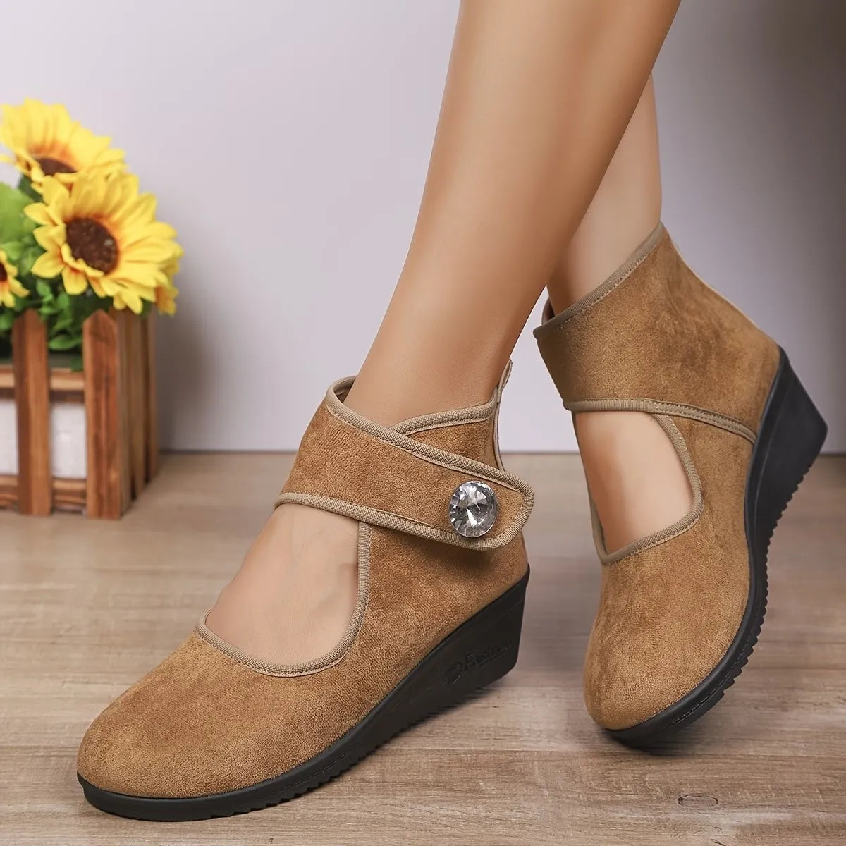 Women's Rhinestone Buckle Wedge Ankle Boots