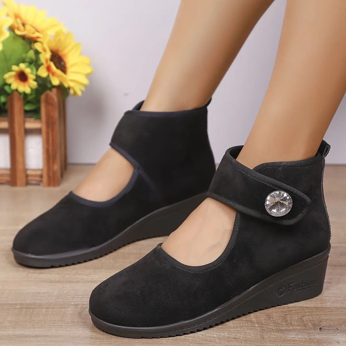 Women's Rhinestone Buckle Wedge Ankle Boots