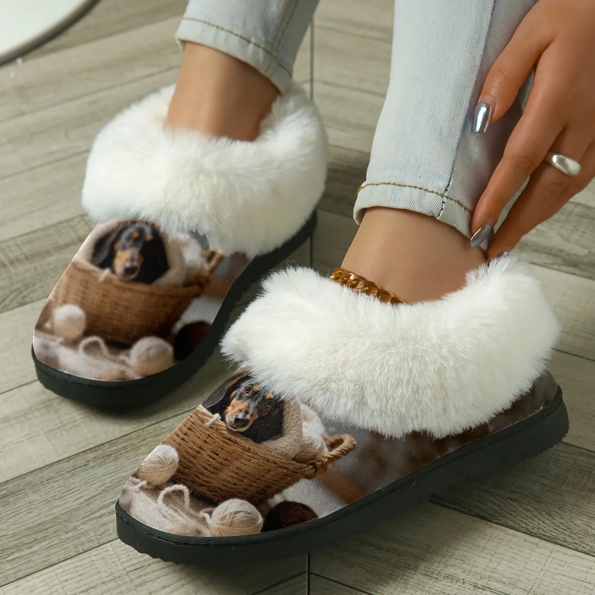 Women's Dachshund Print Plush Slippers