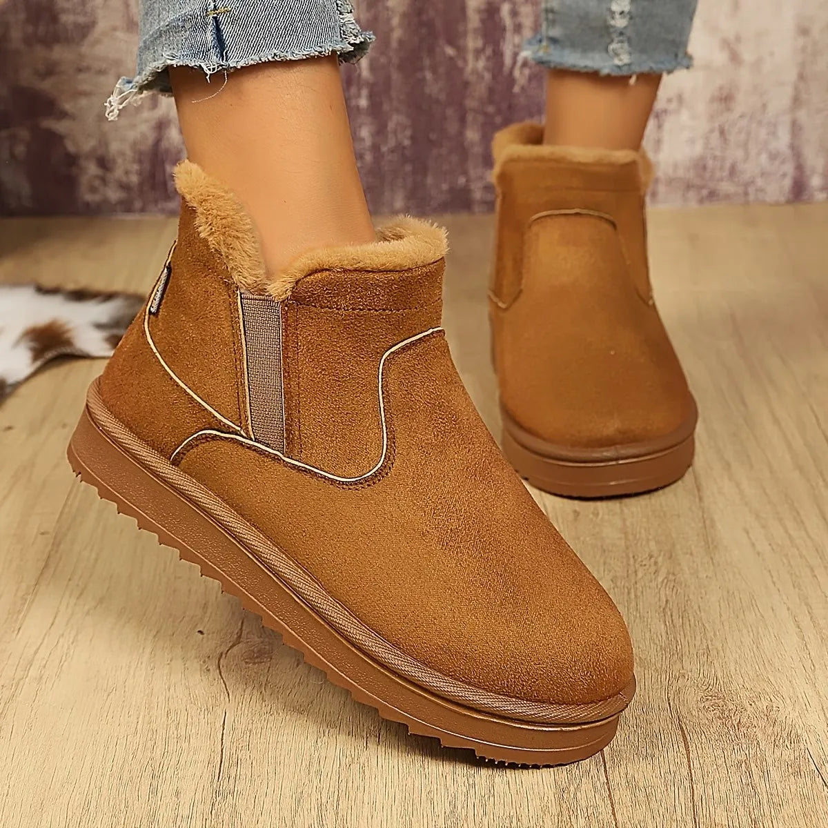 Women's Fuzzy Collar Slip-On Ankle Boots