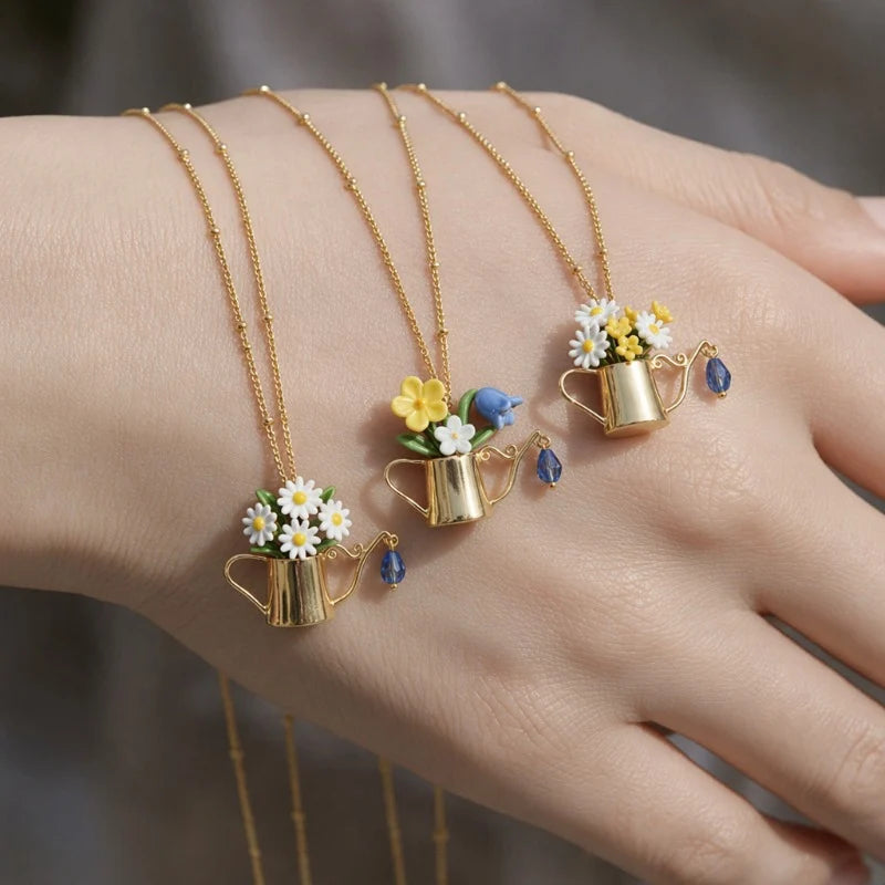 Women's Floral Watering Can Pendant Necklace