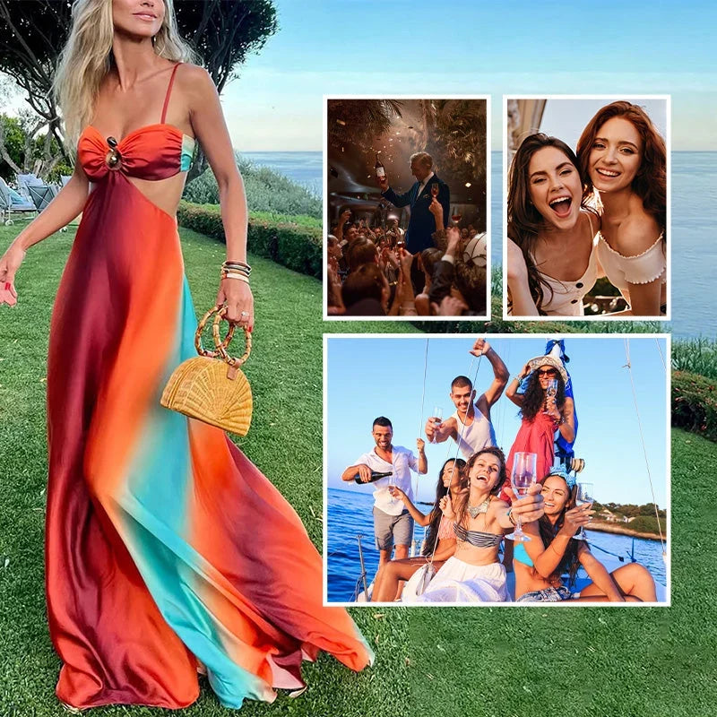 Women's Sunset Print Cutout Maxi Dress