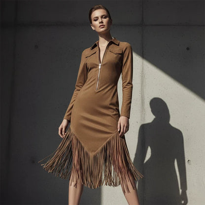 Women's Zip Front Fringe Midi Dress