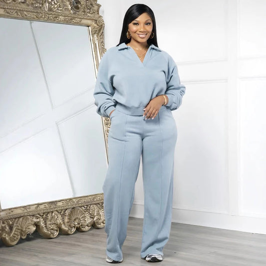Women's Collared Top & Wide-Leg Trousers Set